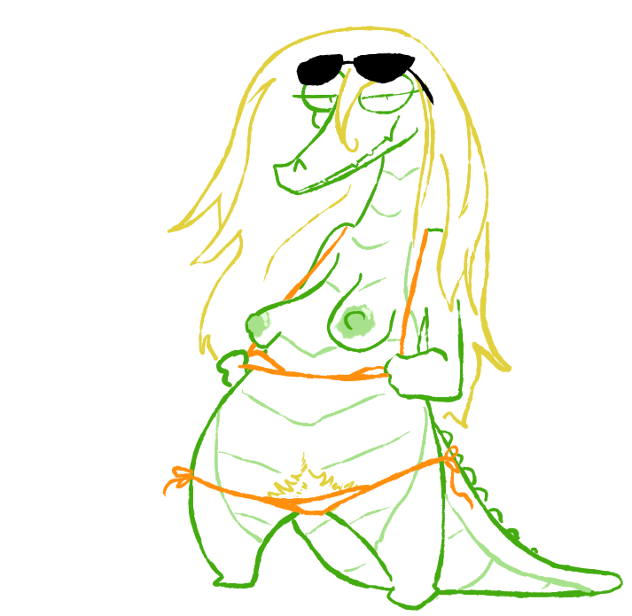 anthro areola big_hair bikini black_clothing blonde_hair breasts clothing clothing_pull eyelashes eyewear female glasses green_areola green_body green_nipples green_scales green_tail hair long_hair looking_at_viewer markings narrowed_eyes nipples orange_clothing pubes pubes_exposed scale_markings scales smile solo suggestive_look sunglasses swimwear tail tail_markings topwear topwear_pull two-piece_swimsuit underwear the_weaver monstro_village caimon crocodilian reptile scalie digital_drawing_(artwork) digital_media_(artwork)