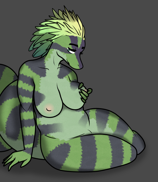 breasts feathers female green_body green_scales holding_breast looking_at_viewer nipples non-mammal_breasts non-mammal_nipples nude purple_body purple_scales scales smile smirk solo stripes tail konbon_art zaria_corazon chameleon lizard reptile scalie