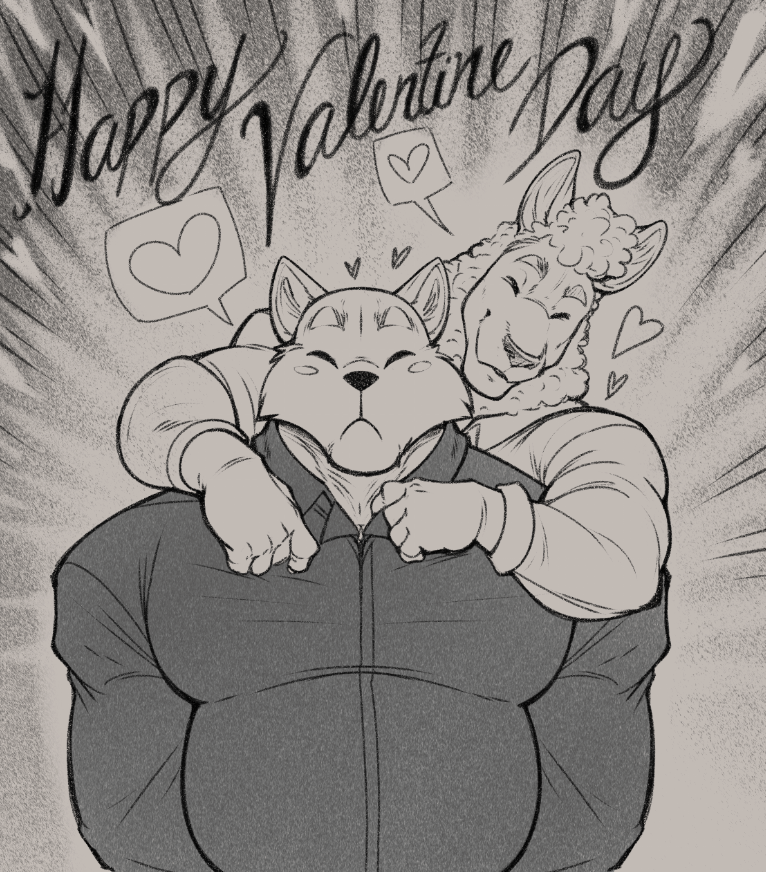 anthro anthro_on_anthro belly big_muscles clothed clothing dress_shirt duo eyebrows eyes_closed front_view frown fur grey_background heart_symbol holidays hug male male/male musclegut muscular muscular_anthro muscular_male pecs romantic romantic_couple shirt simple_background smile speech_bubble standing text topwear tuft wool_(fur) marlon.cores valentine's_day camelid canid canine canis llama mammal wolf 2025 english_text greyscale monochrome pictographics