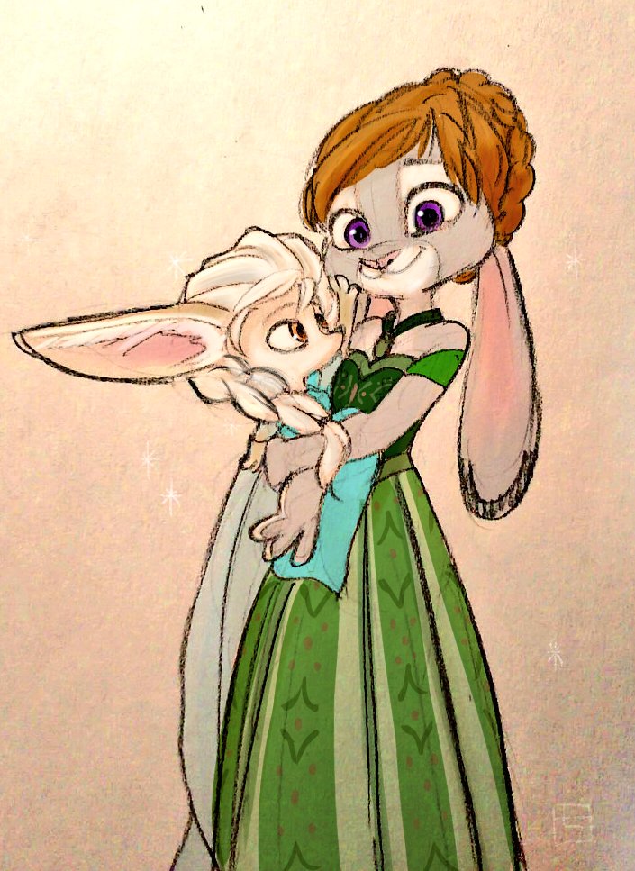 anthro big_ears blonde_hair brown_eyes brown_hair clothed clothing crossdressing dress duo female fur hair long_ears male purple_eyes simple_background size_difference smile mortic_ox disney zootopia finnick_(zootopia) judy_hopps canid canine fennec_fox fox lagomorph leporid mammal rabbit true_fox 2016 crossover