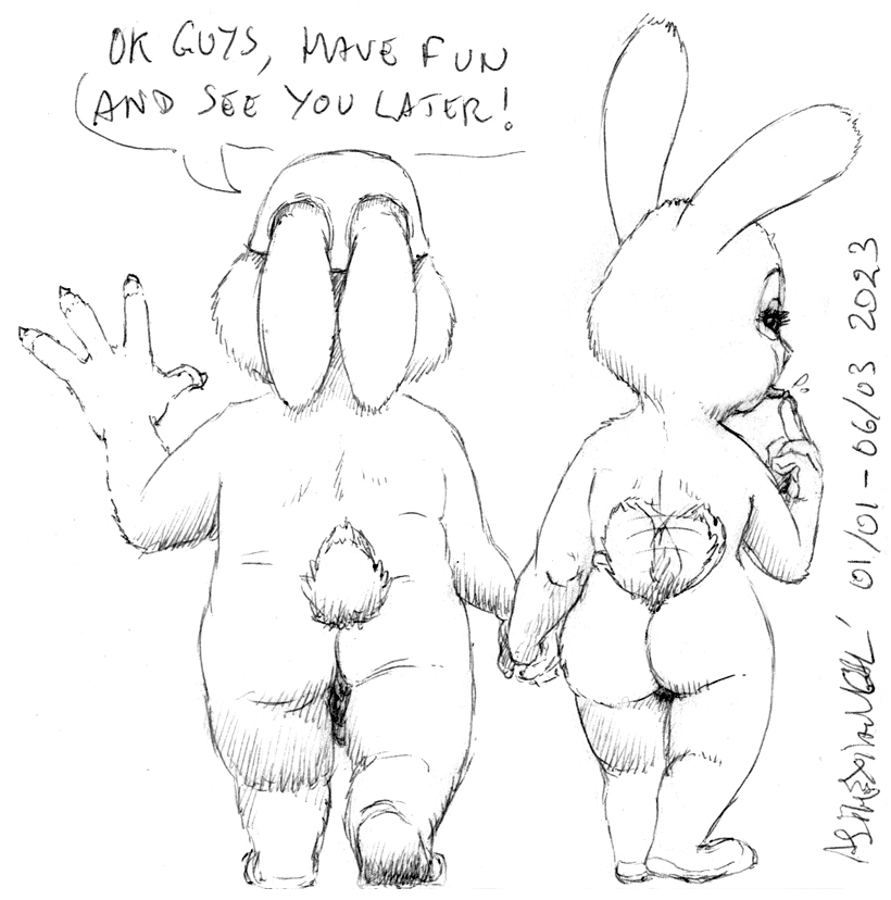 anthro backsack balls barely_visible_genitalia barely_visible_penis butt duo female genitals hand_holding male mature_anthro mature_female mature_male nude penis rear_view scut_tail short_tail tail tail_motion tailwag text tongue tongue_out asthexiancal disney zootopia bonnie_hopps stu_hopps lagomorph leporid mammal rabbit 2023 english_text monochrome