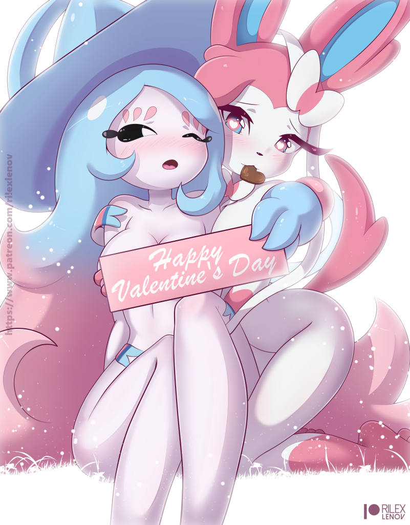 anthro blue_hair blush bow_(feature) breasts candy chocolate clothing convenient_censorship cuddling dessert female food hair hat headgear headwear heart_eyes heart_symbol holding_in_mouth kneeling nude pink_hair pokemorph sign sitting text witch_hat rilex_lenov nintendo pokemon mina_(rilex_lenov) eeveelution generation_6_pokemon generation_8_pokemon hatterene humanoid pokemon_(species) sylveon english_text