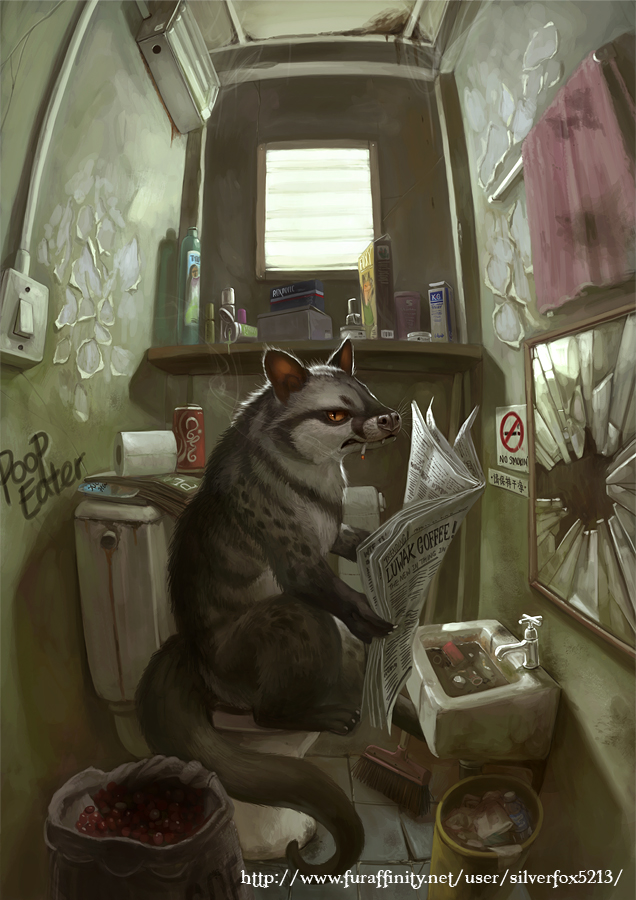 ambiguous_gender bathroom bean bean_(legume) beverage broom cigarette cleaning_tool coffee detailed_background dirty drugs feral food fruit humor inside kopi_luwak legume mirror newspaper plant sink sitting smoking soda solo text toilet window silverfox5213 asian_palm_civet civet mammal palm_civet viverrid 2013 chinese_text detailed