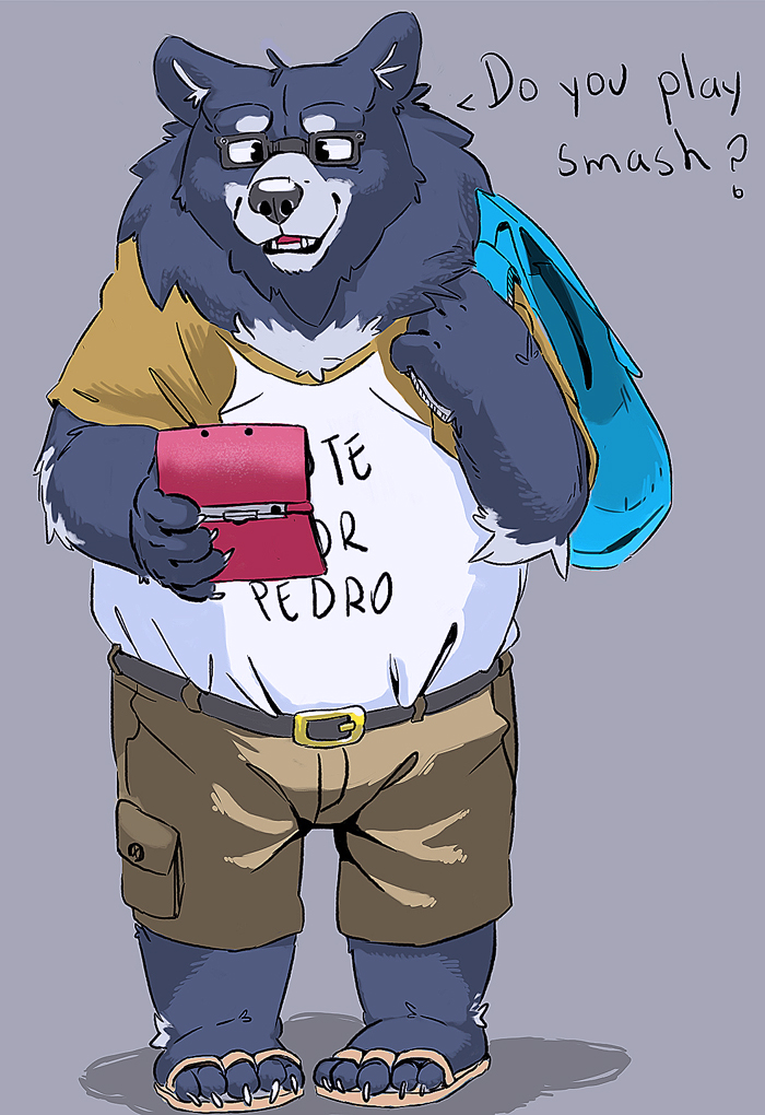 5_toes anthro barefoot bottomwear clothing eyewear feet flip_flops footwear glasses male overweight overweight_anthro overweight_male sandals shirt shoes shorts simple_background slightly_chubby soles solo text toes topwear spazz_bear bear mammal 2018 english_text