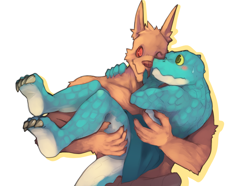 4_toes 5_fingers anthro blush countershading duo feet fingers male one_eye_closed simple_background toes white_background lowerkuo league_of_legends riot_games tencent nasus_(lol) renekton canid canine crocodilian mammal reptile scalie 2014