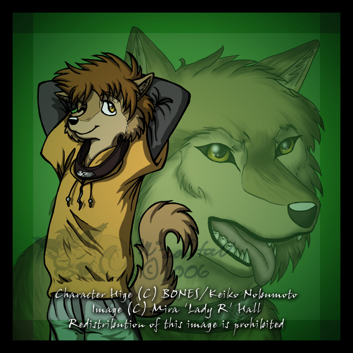 anthro biped black_border black_nose border brown_body brown_fur brown_hair clothed clothing feral fully_clothed fur hair hands_behind_head looking_aside male one_eye_closed open_mouth short_hair smile solo standing tail text wink yellow_eyes mira_hall wolf's_rain hige_(wolf's_rain) canid canine canis mammal wolf 1:1 english_text