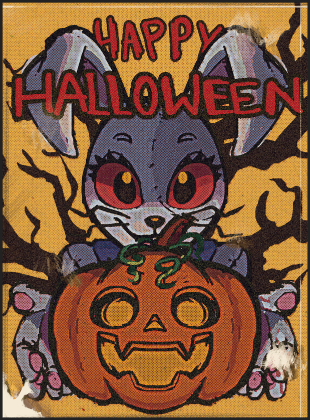 anthro card clothing costume eyelashes female floppy_ears food fruit fursuit holding_object holding_plant holiday_message holidays jack-o'-lantern looking_at_viewer multicolored_body offering_to_viewer open_mouth open_smile patch_(fabric) plant pumpkin red_eyes smile solo stitch_(sewing) whiskers white_body skylordlysander five_nights_at_freddy's five_nights_at_freddy's:_security_breach halloween scottgames steel_wool_studios vanny_(fnaf) lagomorph leporid mammal rabbit 2021 digital_drawing_(artwork) digital_media_(artwork)