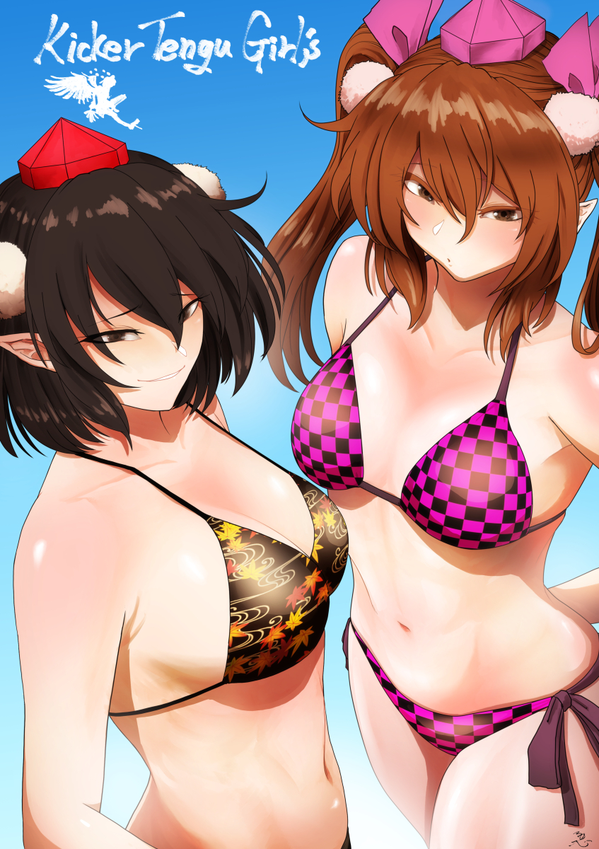 big_breasts black_clothing black_hair black_swimwear blue_background blush breasts brown_eyes brown_hair checkered checkered_clothing checkered_swimwear clothing duo eyelashes female hair hat headgear headwear humanoid_pointy_ears looking_at_viewer navel pattern_clothing pattern_swimwear pigtails pink_clothing pink_headwear pink_swimwear pointy_ears red_clothing red_headwear short_hair simple_background smile swimwear tan_body tan_skin text thick_thighs tokin_hat wide_hips mkybm asian_mythology east_asian_mythology japanese_mythology mythology touhou aya_shameimaru hatate_himekaidou humanoid tengu yokai hi_res