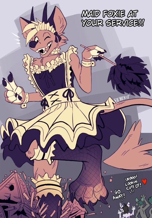 anthro cleaning_tool clothed clothing crossdressing dialogue dress feather_duster femboy group hair macro maid_apron maid_headdress maid_uniform male one_eye_closed paws text uniform beherit canid canine mammal digital_media_(artwork) english_text