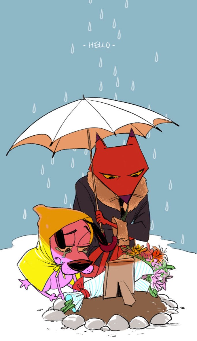 anthro bodily_fluids clothed clothing crying duo flower fur grave male outside pink_body pink_fur plant raining red_body red_fur rock sad sitting tears text tribute umbrella junkmixart cartoon_network courage_the_cowardly_dog courage_the_cowardly_dog_(character) katz_(courage_the_cowardly_dog) canid canine canis domestic_cat domestic_dog felid feline felis mammal english_text in_memoriam