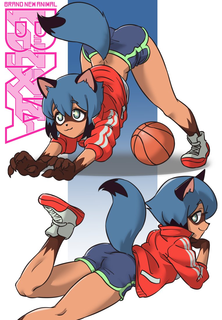 anthro ball basketball_(ball) bending blue_hair bottomwear butt clothing dolphin_shorts female footwear fur hair jacket shoes shorts sneakers tan_body tan_fur topwear centinel303 brand_new_animal studio_trigger michiru_kagemori canid canine mammal raccoon_dog tanuki