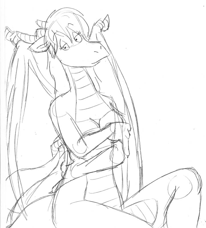 anthro arms_over_breasts breasts covering covering_breasts covering_nipples eyelashes female hair horn looking_at_viewer nude pouting slight_smile solo tasteful_nudity wings tabbiewolf mythology dragon mythological_creature mythological_scalie scalie monochrome