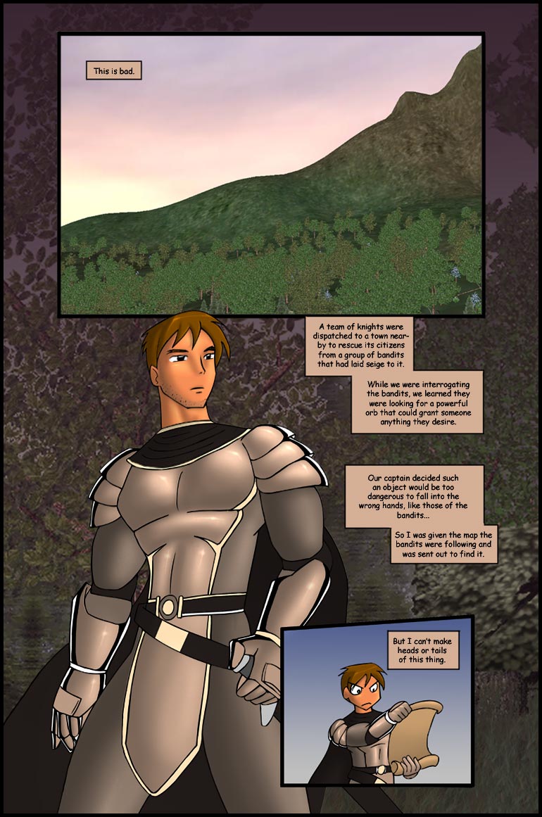 armor brown_hair cape clothing dialogue facial_hair hair knight male map melee_weapon mountain plant sword text tree warrior weapon dreamweaver4121 matthewbrandon human mammal comic english_text