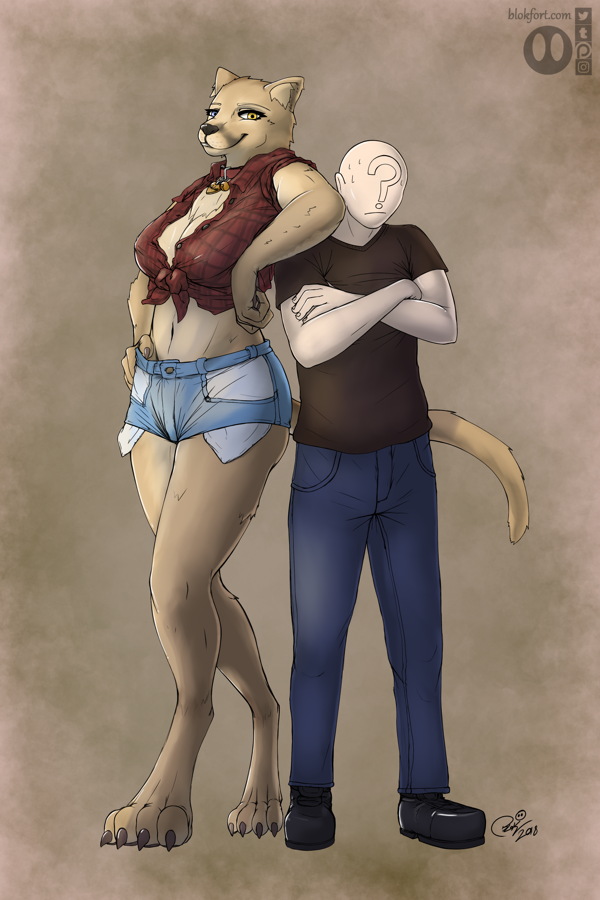 ?_face anthro anthrofied barefoot bottomwear breasts claws cleavage clothed clothing collar digitigrade duo feet female fully_clothed looking_at_viewer male midriff navel shorts simple_background smile blokfort far_cry far_cry_5 ubisoft anon peaches_(far_cry_5) cougar felid feline human mammal 2:3