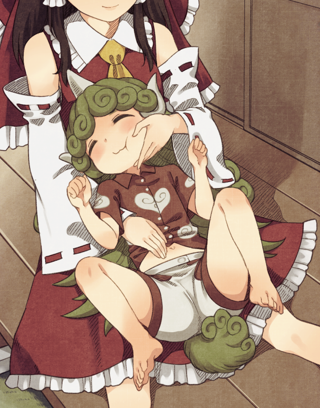 blush brown_hair clothed clothing duo feet female green_hair hair horn petting urin_(artist) asian_mythology east_asian_mythology japanese_mythology mythology touhou aunn_komano reimu_hakurei animal_humanoid foo_dog human humanoid komainu mammal yokai