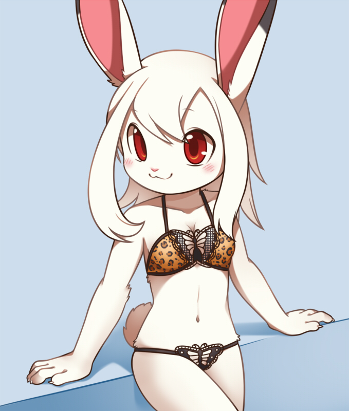 4_fingers anthro blush bra breasts butterfly_(accessory) clothing female fingers fur kemono lingerie looking_away navel red_eyes simple_background smile solo standing underwear white_body white_fur young young_anthro unrealplace wusagi_(unrealplace) arthropod butterfly insect lagomorph lepidopteran leporid mammal rabbit