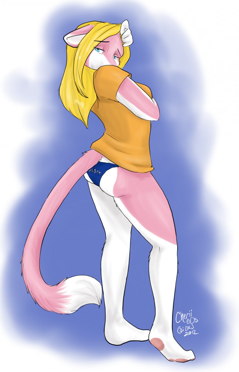 anthro biped blonde_hair blue_eyes butt clothed clothing female hair looking_at_viewer panties skimpy solo standing tail underwear conditional_dnp oli_snowpaw cherii domestic_cat felid feline felis mammal 2012 digital_media_(artwork) hi_res shaded