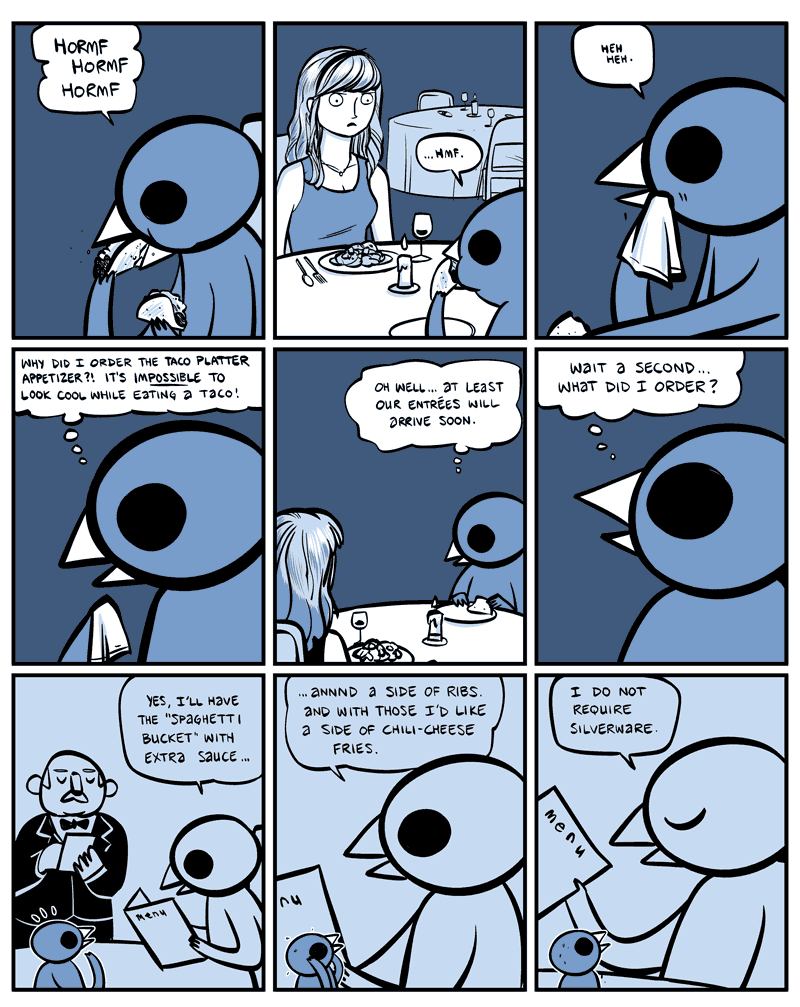 anthro awkward beak date dialogue dinner female food humor speech_bubble text what nedroid reginald_(nedroid) avian bird human mammal 2011 comic english_text