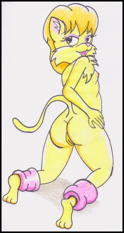 anthro biped blonde_hair butt clothed clothing eyeshadow female flat_chested fur genitals hair kneeling leg_warmers legwear long_hair long_tail looking_back makeup mostly_nude nipples open_mouth pussy solo tail reddragonkan heathcliff_and_the_catillac_cats cleo cleo_catillac domestic_cat felid feline felis mammal traditional_media_(artwork)