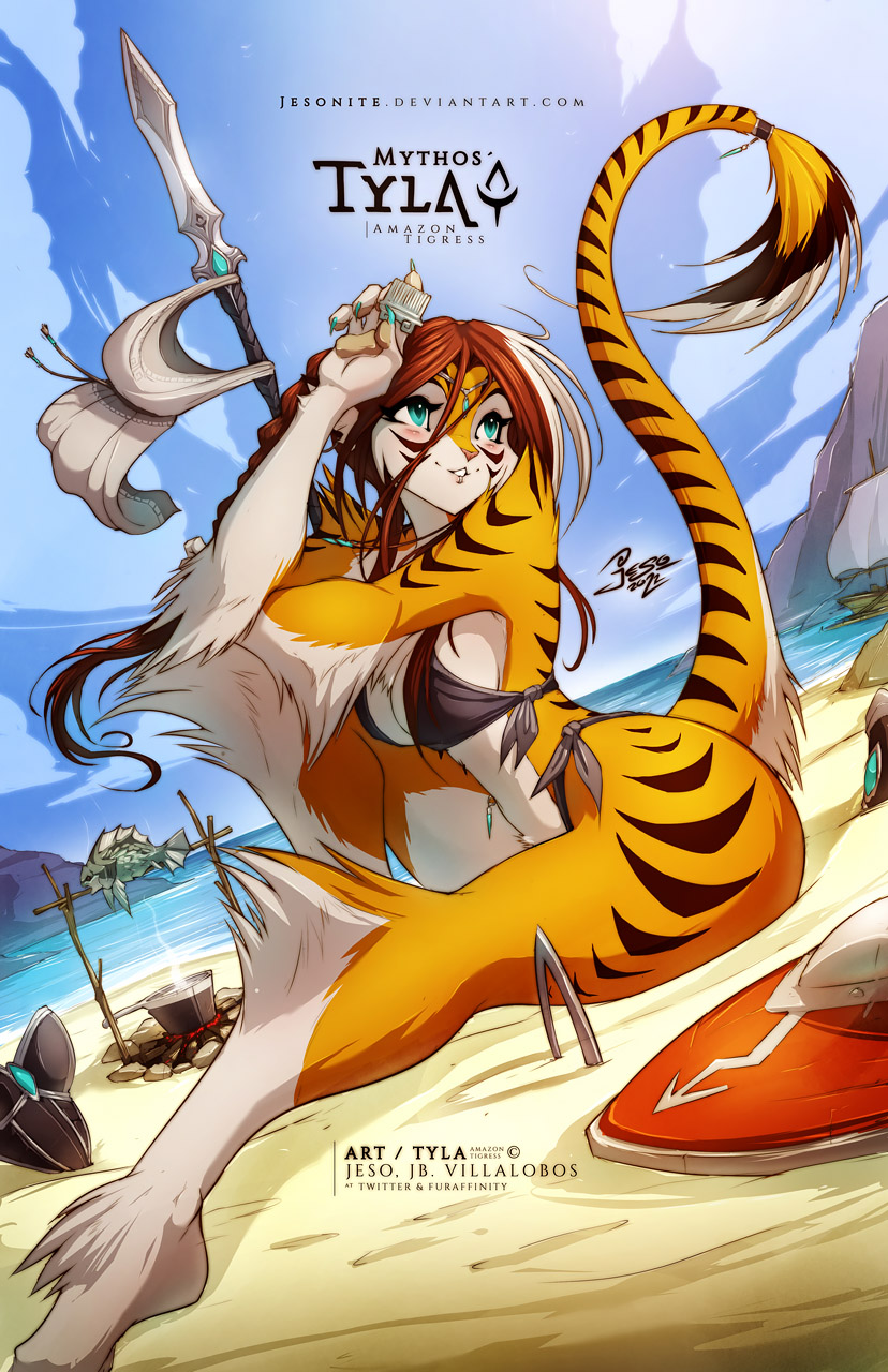 beach black_stripes brown_hair day detailed_background eyebrows eyelashes fur hair orange_body orange_fur outside sand seaside shoreline sky smile solo striped_body striped_fur stripes water jesonite felid mammal pantherine tiger 2022 digital_media_(artwork) hi_res