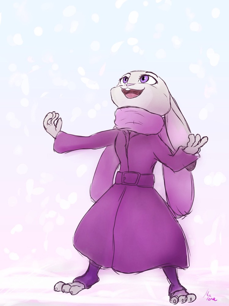 anthro belt clothed clothing coat fully_clothed fur grey_body grey_fur low-angle_view open_mouth open_smile outside pink_nose purple_eyes scarf sky smile snow snowing solo standing toeless_legwear topwear marema_kishin disney zootopia judy_hopps lagomorph leporid mammal rabbit 2018 3:4