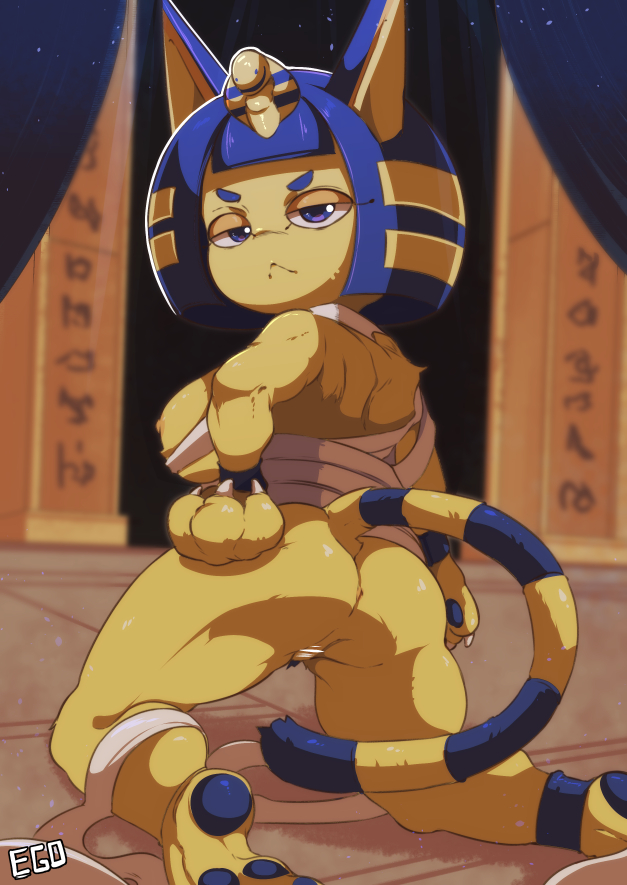 3_toes angry anthro barely_visible_genitalia barely_visible_pussy biped blue_eyes blue_hair bottomless breasts butt censor_bar claws clothed clothing detailed_background egyptian egyptian_clothing eyebrows feet female fur genitals hair ineffective_censorship kneeling looking_at_viewer looking_back looking_back_at_viewer muscular muscular_anthro muscular_female narrowed_eyes nipples pawpads paws pointy_ears prick_ears pussy short_hair soles solo toes yellow_body yellow_fur owahi_ego animal_crossing nintendo ankha_(animal_crossing) domestic_cat felid feline felis mammal 2021 censored digital_media_(artwork) signature