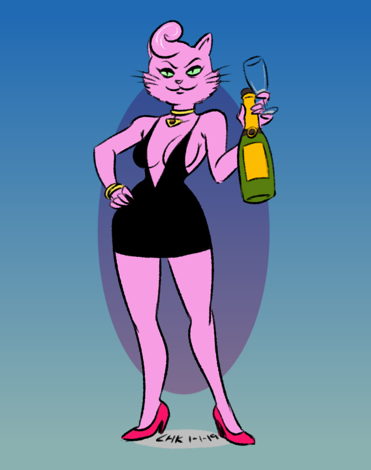 5_fingers anthro bedroom_eyes breasts choker cleavage clothed clothing dress female fingers fur green_sclera half-closed_eyes hand_on_hip holding_object jewelry narrowed_eyes necklace pink_body pink_fur pose pupils seductive side_boob simple_background slit_pupils smile solo standing largehadronkalidah bojack_horseman netflix princess_carolyn domestic_cat felid feline felis mammal 2019