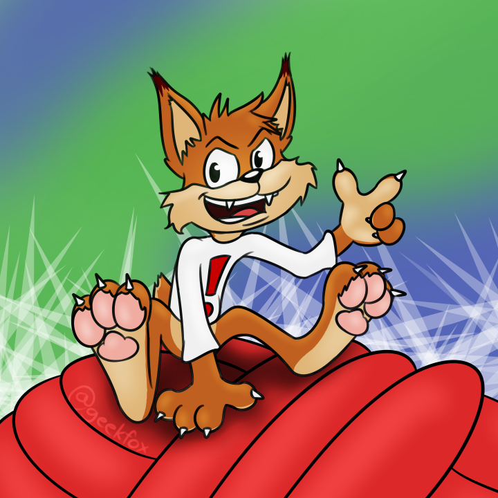 anthro barefoot black_eyes black_nose blue_background claws clothed clothing detailed_background exclamation_point feet glistening glistening_eyes gradient_background green_background male open_mouth pantsless pawpads pink_pawpads red_yarn shirt simple_background sitting smile soles solo teeth_showing tongue_showing topwear white_clothing white_shirt white_topwear geekfox bubsy_(series) bubsy bubsy_bobcat bobcat felid feline lynx mammal 1:1