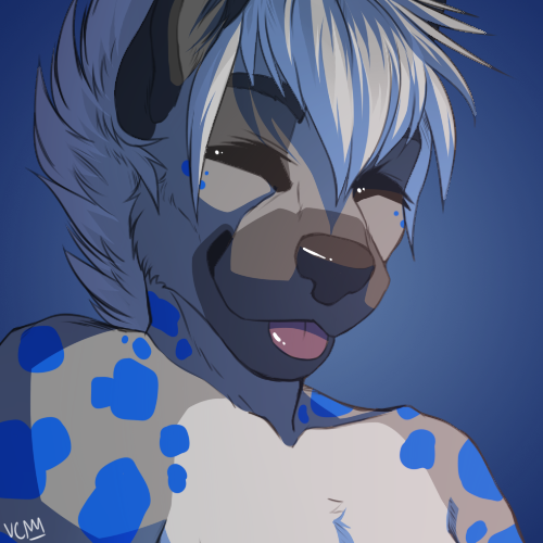 anthro black_body black_fur black_nose blue_background blue_body blue_fur blue_spots eyebrows eyes_closed front_view fur grey_body grey_fur grey_hair hair male markings multicolored_body multicolored_fur pink_tongue simple_background smile solo spots spotted_body spotted_fur tongue tongue_out mrsenpai marzician hyena mammal spotted_hyena 1:1 2016 bust_portrait digital_media_(artwork) low_res portrait signature