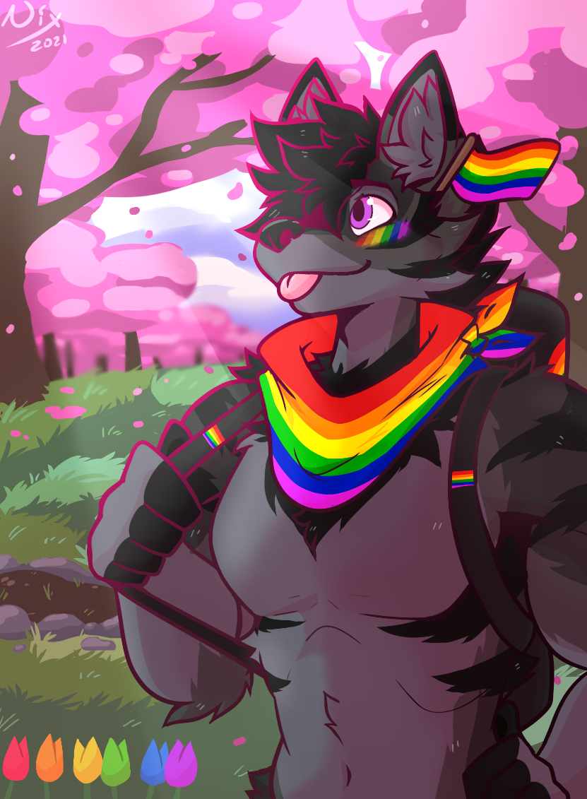 anthro grass lgbt_pride male plant pride purple_eyes rainbow sitting solo nixsnowsong alex_nightmurr canid canine canis mammal wolf