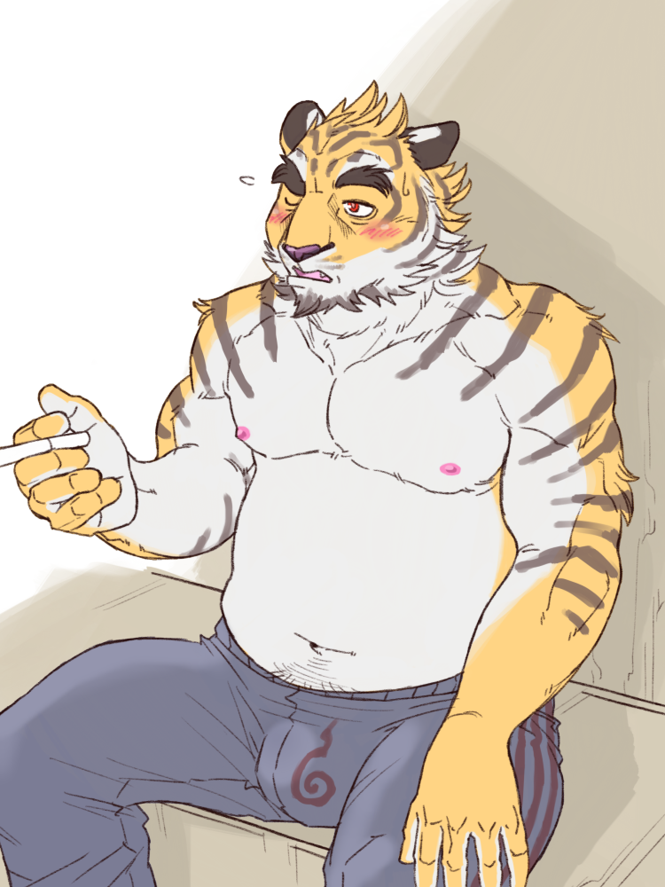 anthro belly blush bottomwear bulge clothing humanoid_hands kemono male moobs navel nipples pants sitting slightly_chubby solo ryuta-h felid mammal pantherine tiger 2016 3:4