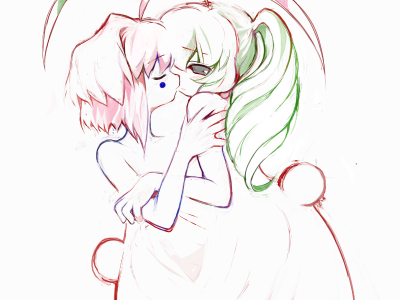 ahoge bangs bob_cut canon_couple cheek_spots curled_hair duo female female/female fur green_hair hair kiss_on_lips pink_hair scut_tail short_tail tail white_body white_fur yogurt200 heartlovepowertemple rabbitmaiden_softworks conja teja alien animal_humanoid humanoid lagomorph lagomorph_humanoid leporid_humanoid mammal mammal_humanoid rabbit_humanoid tailed_humanoid venus_rabbit 4:3 official_art