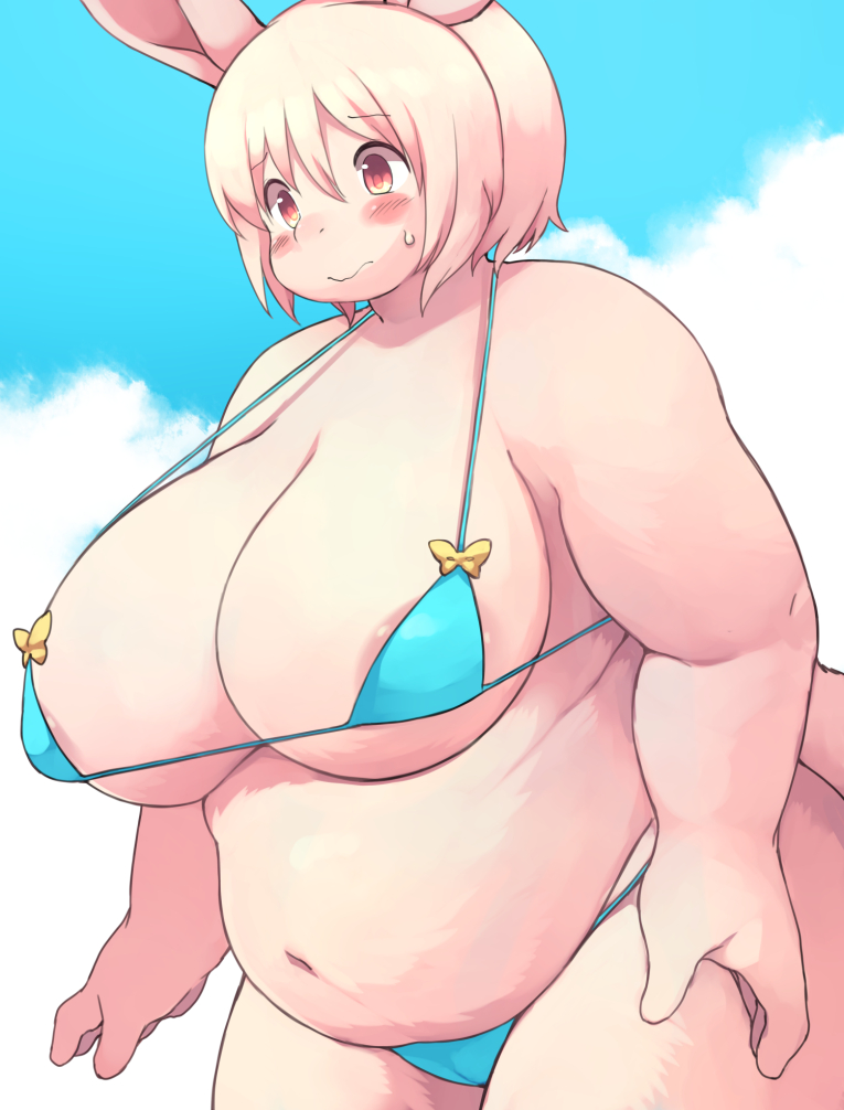 anthro areola areola_slip belly big_belly big_breasts bikini blush bodily_fluids breasts camel_toe clothed clothing cloud embarrassed female female_anthro fur hair kemono micro_bikini navel outside overweight overweight_anthro overweight_female pink_body pink_eyes pink_fur pink_hair short_hair sky solo sweat swimwear two-piece_swimsuit akitaka lagomorph leporid mammal rabbit 2017