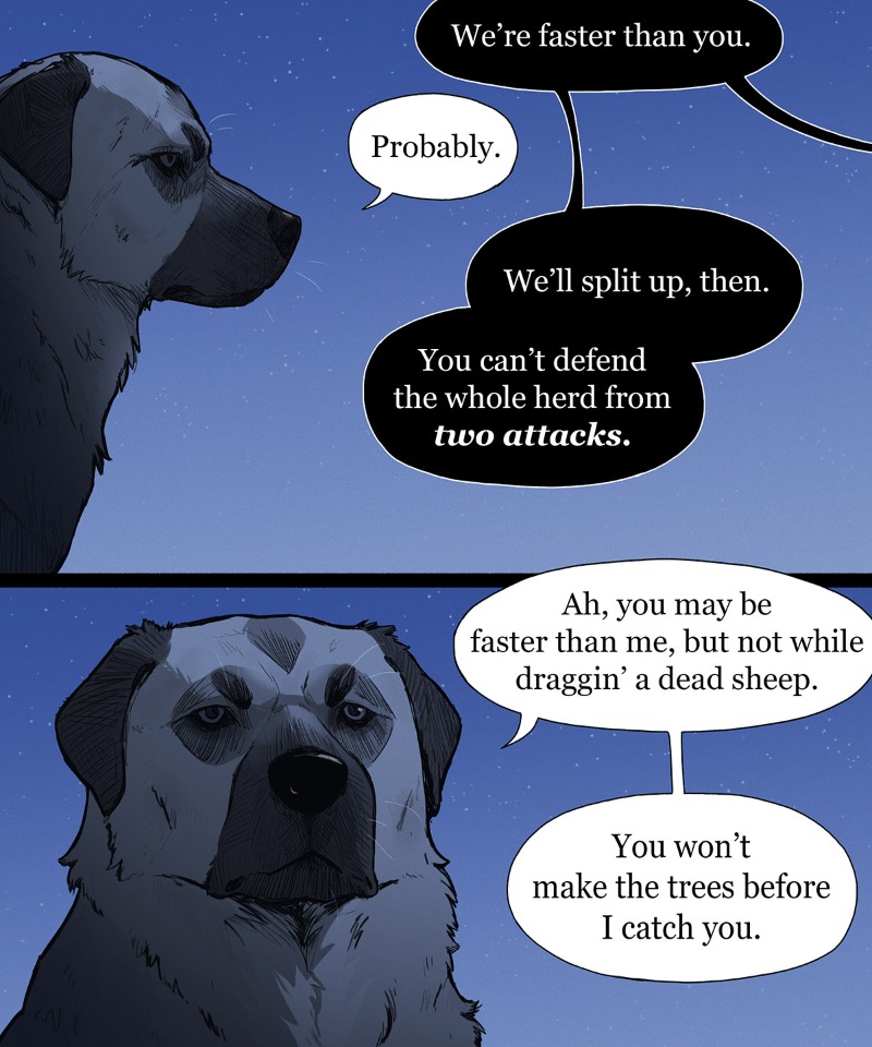 dialogue forest looking_at_viewer night outside plant sky solo star text tree whiskers pet_foolery canid canine canis domestic_dog mammal 5:6 comic english_text