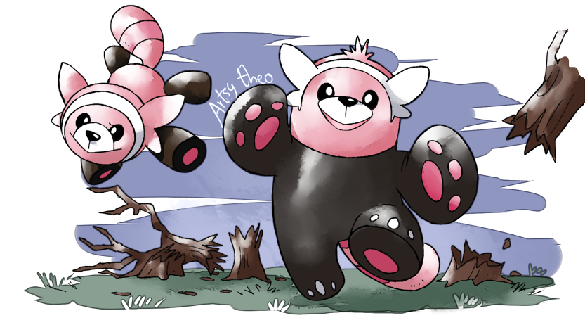 :> action_pose ambiguous_gender anthro beady_eyes biped black_body black_eyes black_fur black_nose border branch cheek_tuft destruction duo evolutionary_family facial_markings facial_tuft featureless_crotch featureless_feet feet feral front_view fur fur_tuft grass handpaw head_markings head_tuft hindpaw jumping level_difference markings midair multicolored_body multicolored_fur muzzle_(marking) on_model open_mouth open_smile outside outside_border pawpads paws pink_body pink_fur pink_pawpads pink_tail plant pose quadruped raised_arm raised_leg ring_(marking) ringed_tail size_difference sky smile snout snout_markings spread_arms striped_markings striped_tail stripes tail tail_markings toony tree tree_trunk tuft walking white_body white_border white_fur white_markings wood artsy-theo nintendo pokemon ailurid bear bewear generation_7_pokemon mammal pokemon_(species) stufful 2017 digital_drawing_(artwork) digital_media_(artwork) full-length_portrait portrait signature