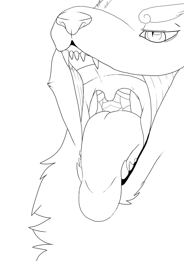 ambiguous_gender bulge fangs fur gaping_mouth grin half-closed_eyes mouth_shot narrowed_eyes open_mouth palate sharp_teeth simple_background smile solo teeth throat tongue tongue_out uvula white_background achromatic mammal monochrome