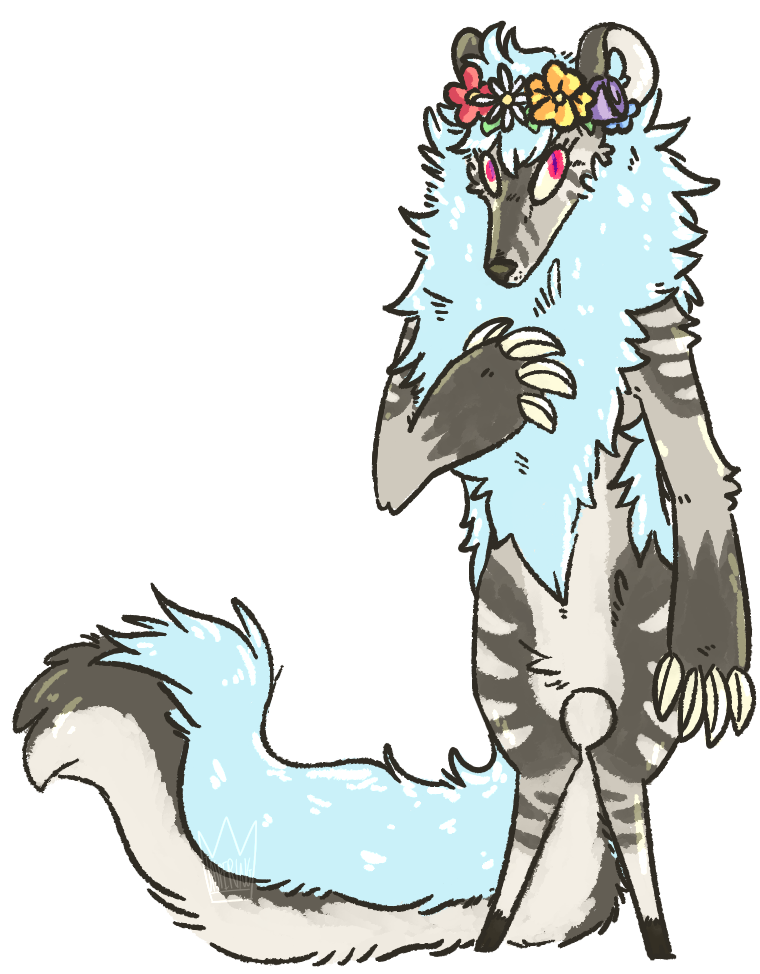 ambiguous_gender anthro black_hooves black_nose blue_body blue_fur blue_mane claws daisy_(flower) eyelashes featureless_crotch flower flower_crown fur grey_body grey_fur hooves mane pink_eyes plant pupils simple_background slit_pupils snout solo standing tail top_heavy transparent_background unguligrade whisker_spots jaspering american_mythology mythology laurel_(jaspering) bovid canid canine canis caprine chupacabra hybrid mammal sheep wolf 2017 alpha_channel digital_drawing_(artwork) digital_media_(artwork) flat_colors full-length_portrait paint_tool_sai_(artwork) portrait