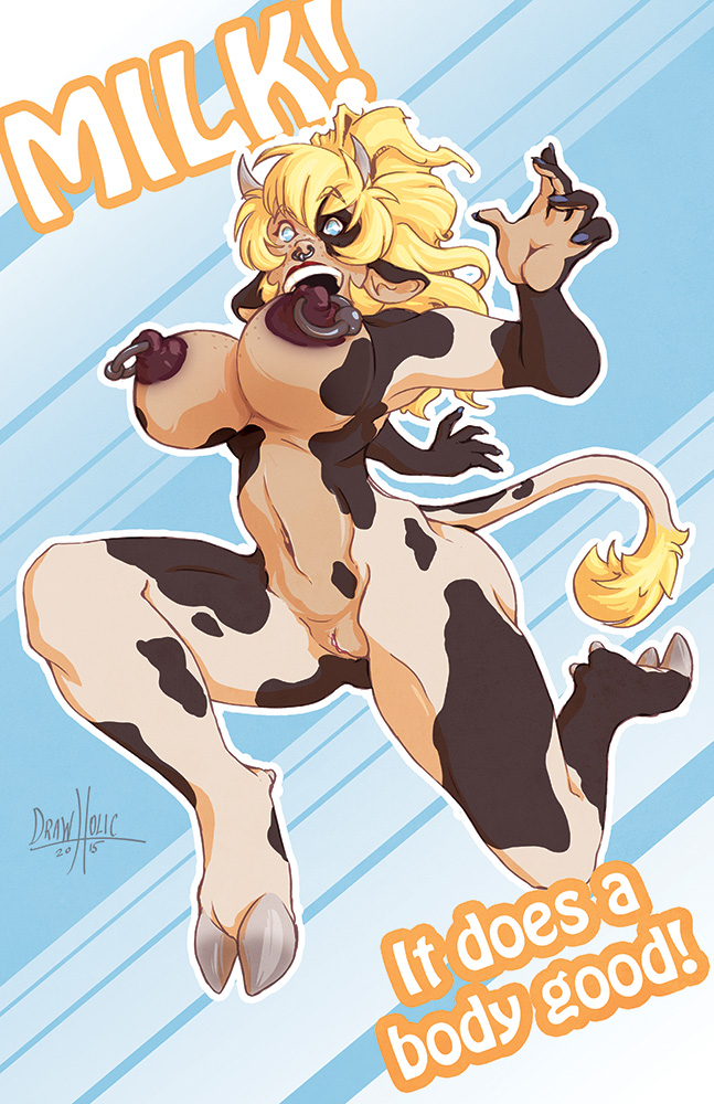 anthro blonde_hair blue_background breasts facial_piercing female freckles hair hooves nipple_piercing nipple_ring nipples nose_piercing nose_ring nude pattern_background piercing ring_piercing running septum_piercing simple_background solo striped_background drawholic bovid bovine cattle mammal digital_media_(artwork)