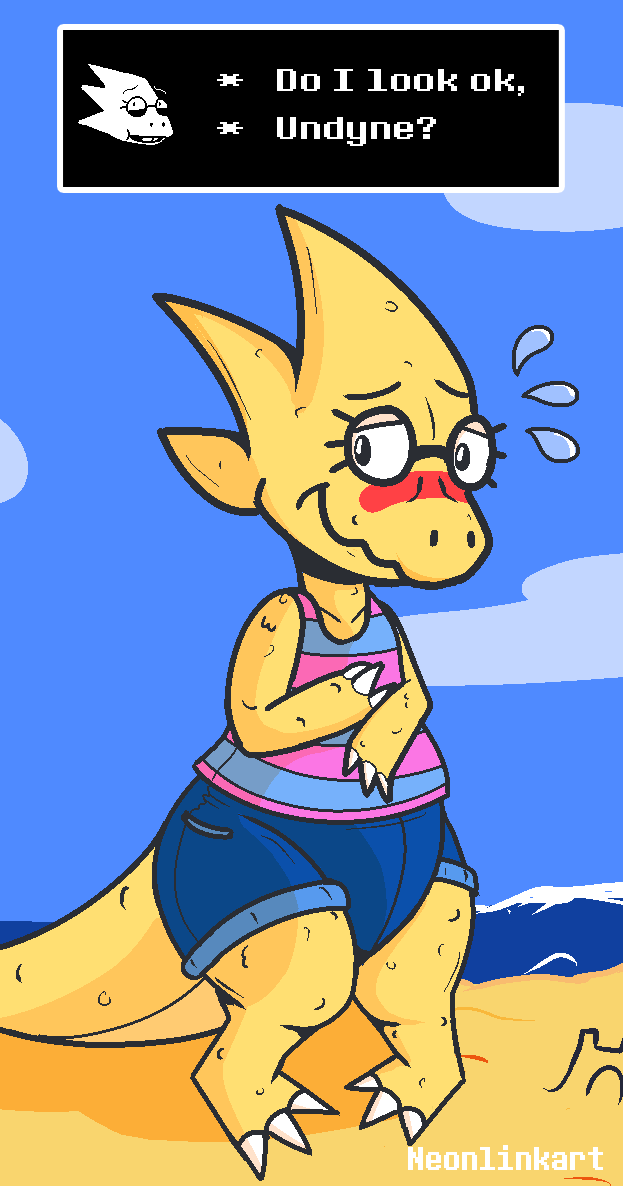 anthro beach blush clothed clothing eyewear female glasses outside seaside shy slightly_chubby solo neonlink undertale undertale_(series) alphys lizard reptile scalie 2015 aliasing digital_media_(artwork) unavailable_at_source