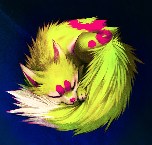 ambiguous_gender blue_background curled_up dipstick_tail eyebrows eyes_closed feral fluffy fluffy_tail fur green_body green_fur lying markings pink_body pink_eyebrows pink_fur pink_inner_ear pink_nose quadruped simple_background sleeping solo sparklefur tail tail_markings white_tail_tip falvie falvie_(character) canid fionbri mammal 2011 digital_media_(artwork) digital_painting_(artwork) shaded female_(lore)