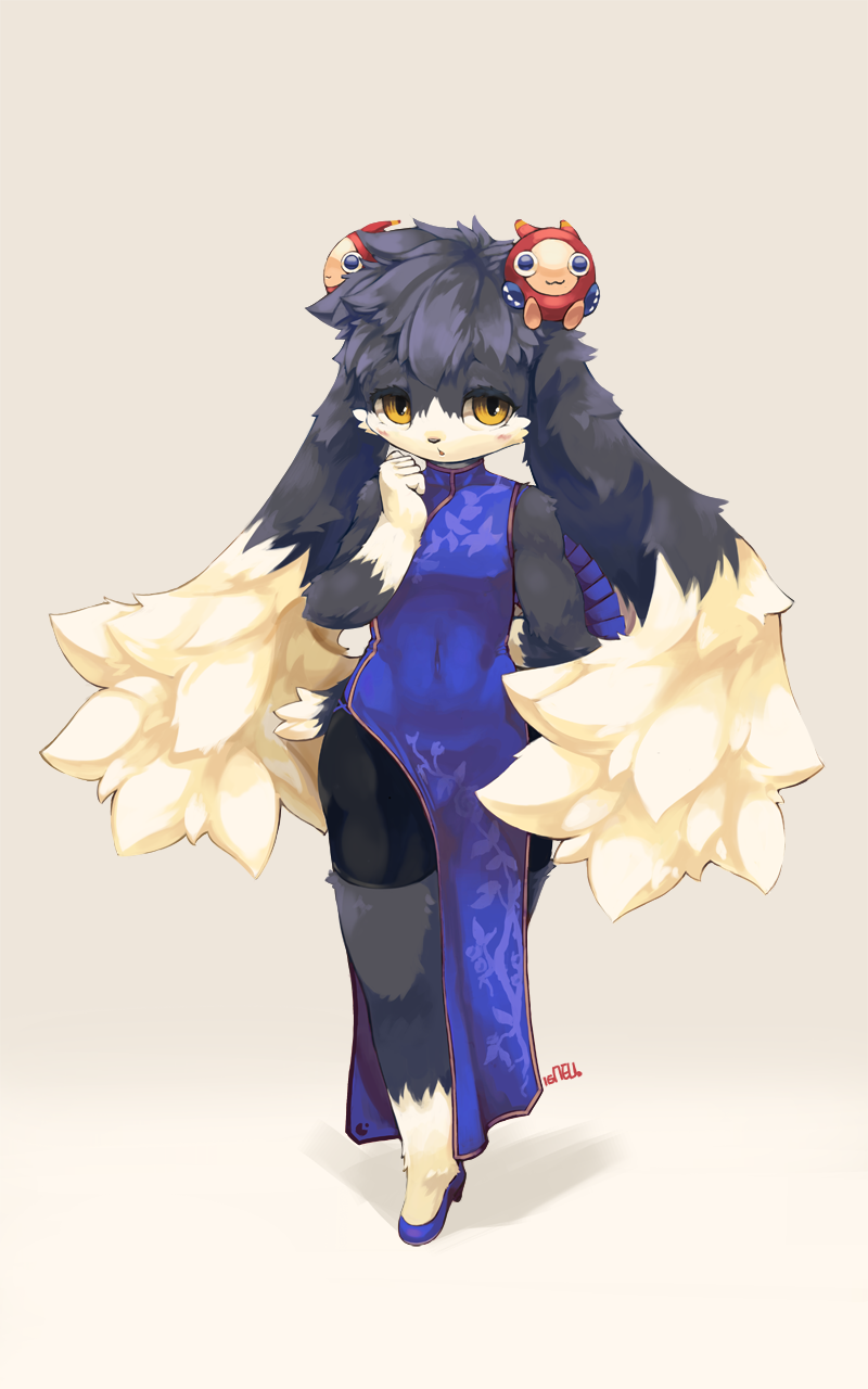 anthro asian_clothing black_body black_fur blush chinese_clothing chinese_dress clothed clothing crossdressing dipstick_ears dipstick_tail dress ear_markings east_asian_clothing footwear fur grey_background high_heels male markings multicolored_ears shoes simple_background solo tail tail_markings white_body white_fur arcticneu bandai_namco klonoa_(series) klonoa domestic_cat felid feline felis mammal moo_(klonoa) 5:8 hi_res