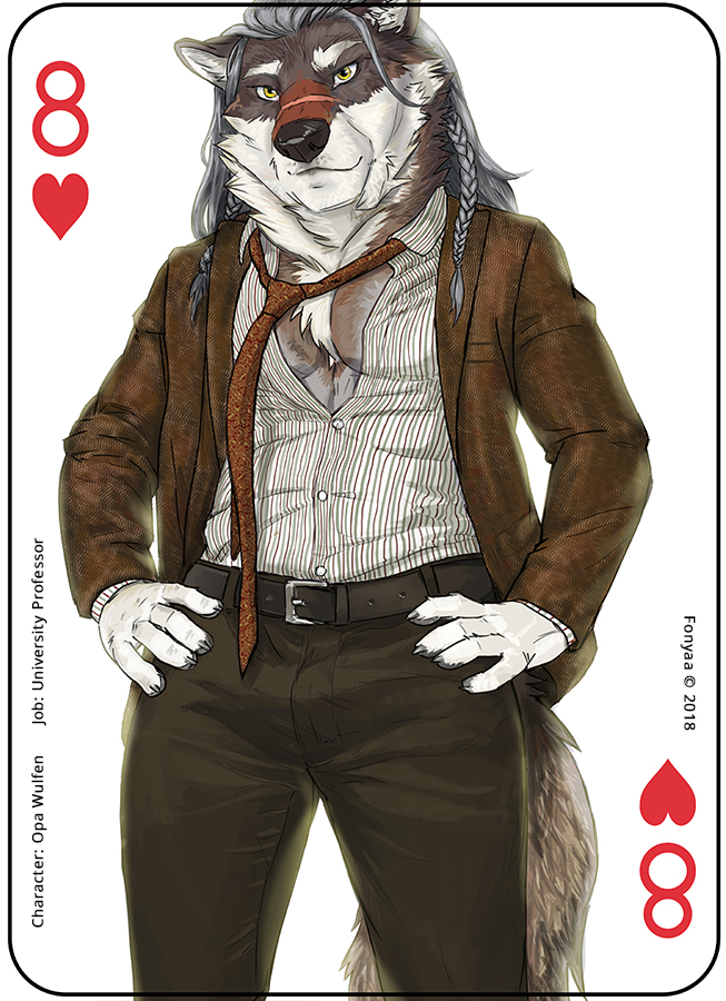 anthro antlers ball belt bottomwear card card_template clothed clothing copyright_symbol eight_of_hearts fur hair heart_symbol hearts_(suit) horn jacket male muscular muscular_anthro muscular_male necktie pants playing_card playing_card_template professor scar shirt simple_background smile solo standing symbol text topwear white_body white_fur fonyaa opa_wulfen canid canine canis mammal wolf 2018 digital_media_(artwork) english_text