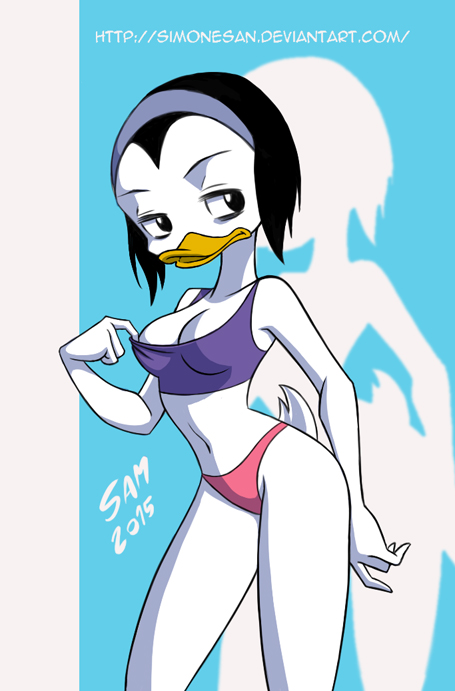 accessory anthro beak biped black_eyes black_hair bra breasts cleavage clothed clothing female hair headband looking_back navel non-mammal_breasts panties short_hair solo standing underwear white_body white_skin wide_hips simone-sam disney kay_k anatid anseriform avian bird duck 2015