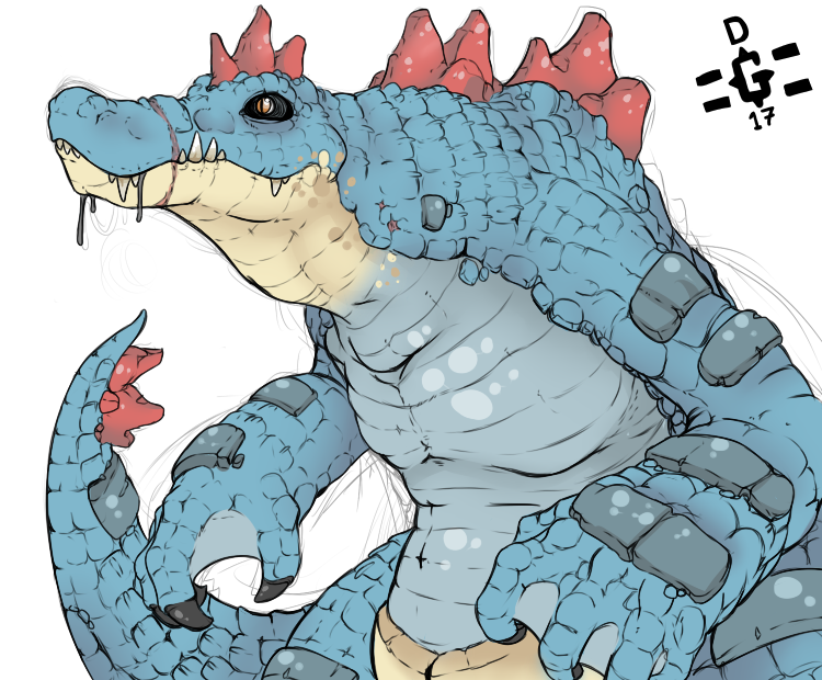 anthro bodily_fluids drooling male saliva scales scar simple_background solo teeth white_background dannyg nintendo pokemon crocodilian feraligatr generation_2_pokemon pokemon_(species) reptile scalie sketch