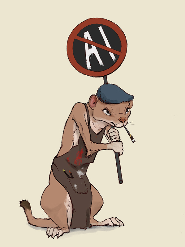 ai_generated_media_(subject) anthro anti-ai_logo artist black_eyes brown_body brown_fur fur male paint_stain pencil protest_art protest_sign sign solo tail whiskers cicakkia mammal mustelid musteline stoat true_musteline weasel