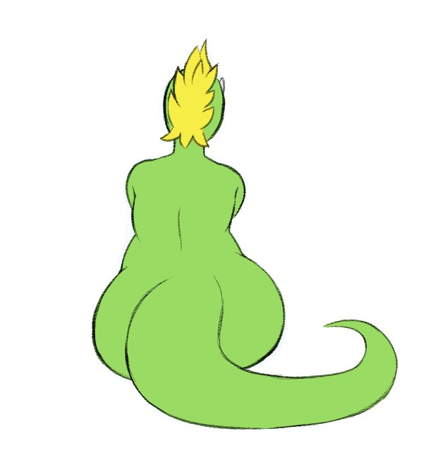 anthro big_butt biped blonde_hair butt curvy_figure female green_body green_scales hair horn long_tail mohawk nude rear_view scales sitting slightly_chubby solo tail thick_tail voluptuous wide_hips digitalpelican mythology sasha_(digitalpelican) dragon mythological_creature mythological_scalie scalie