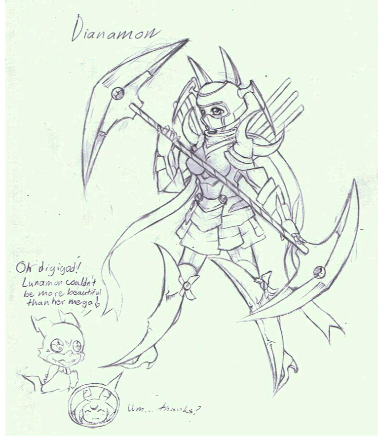 ambiguous_gender armor boots bottomwear clothed clothing dialogue duo eyes_closed female footwear heart_symbol nude shoes simple_background skirt speech_bubble text weapon white_background tigerlilylucky bandai_namco digimon mythology dianamon digimon_(species) dragon humanoid lunamon mythological_creature mythological_scalie scalie veemon 2010 english_text monochrome sketch traditional_media_(artwork)