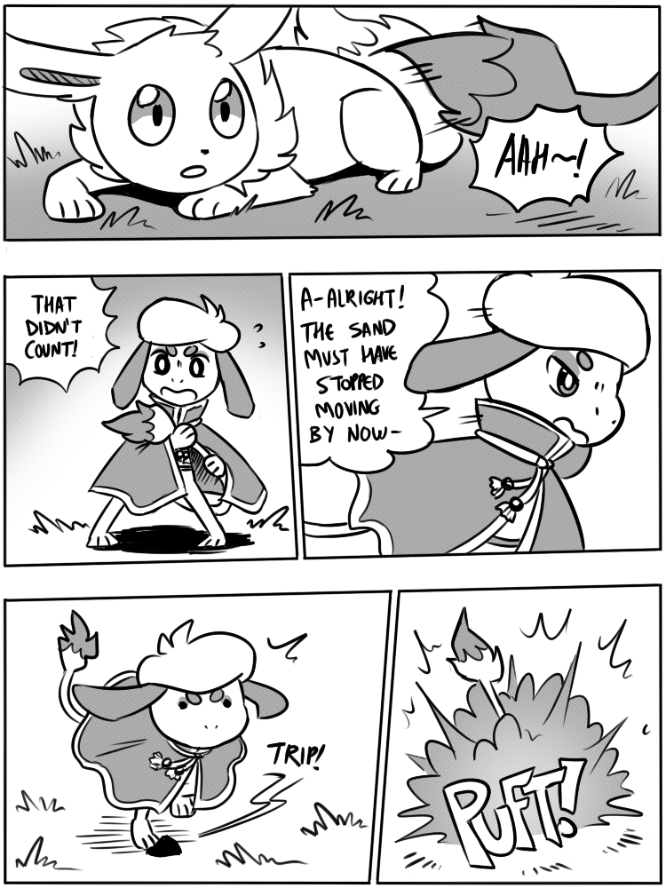 5_panel_comic ambiguous_gender anthro black_eyes black_nose black_text cloak clothing dialogue dot_eyes duo exclamation_point feral fluffy fluffy_tail fur grass lying motion_lines neck_tuft on_front on_ground open_mouth outside paws plant pointy_speech_bubble pupils quadruped simple_eyes sound_effects speech_bubble standing tail talking_to_another text tuft white_pupils white_sclera flavia-elric nintendo pokemon pokemon_mystery_dungeon spike_chunsoft liza_(yapc) lux_(yapc) eevee generation_1_pokemon generation_2_pokemon pokemon_(species) smeargle 2019 3:4 comic digital_media_(artwork) english_text greyscale monochrome