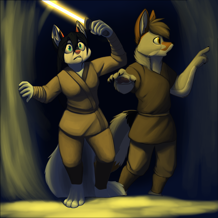 anthro black_nose blue_eyes claws clothed clothing duo fur hair left-handed lightsaber male melee_weapon pink_nose weapon yellow_lightsaber foxenawolf star_wars canid mammal 1:1