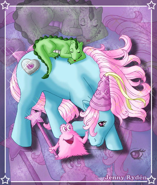 ambiguous_gender blue_body blue_fur cutie_mark feral fur green_body green_scales group hair heart_(marking) heart_symbol hennin lying_on_another mane markings pink_body pink_fur pink_hair pre-g4 scales sleeping smile spikes spikes_(anatomy) trio lazyjenny hasbro mlp_g1 my_little_pony my_little_pony_'n_friends mythology princess_serena_(mlp) bushwoolies dragon earth_pony equid equine horse mammal mythological_creature mythological_scalie pony scalie 2007 watermark